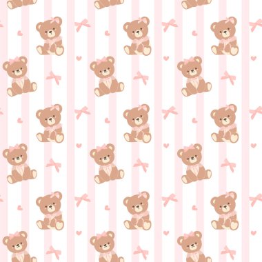 Pembe kurdele desenli Coquette Teddy Bear. Beyaz arkaplanda kusursuz izole edilmiş.