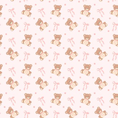 Coquette Teddy Bear with Pink Ribbon Bow Pattern. Seamless Isolated on Light Pink Background clipart