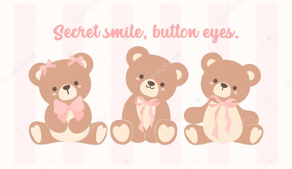 Cute Coquette Teddy Bear trio with Pink Ribbon Bow, Adorable Illustration