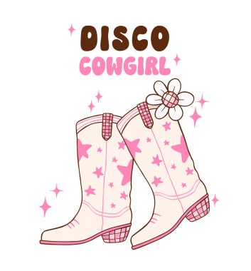Disko Kovboy Kız çizmeleri illüstrasyonu, modaya uygun retro moda vibes disco çağı.