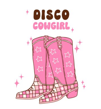 Pembe Disko Kovboy Kız çizmeleri illüstrasyon, modaya uygun modaya uygun moda disko vibes disco çağı.