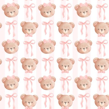 Pembe kurdeleli Coquette ayısı suluboya el boyası, moda illüstrasyon.