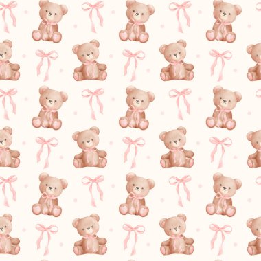Pembe kurdeleli Coquette ayısı suluboya el boyası, moda illüstrasyon.