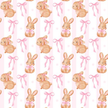 Pembe kurdeleli Coquette Bunny suluboya el boyası, moda illüstrasyon.