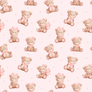 Pembe kurdeleli Coquette oyuncak ayıları suluboya el boyası, moda illüstrasyon