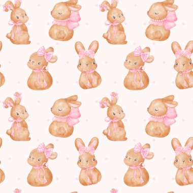 Pembe kurdeleli Coquette tavşanı suluboya el boyası, moda Paskalya illüstrasyonu.