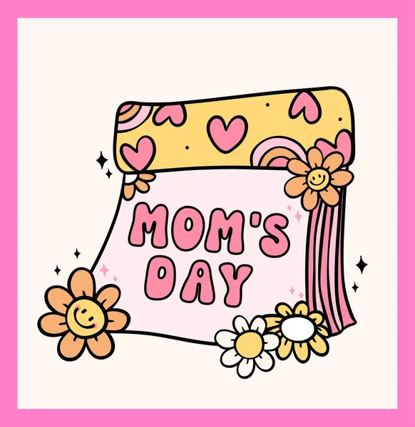 Retro Groovy Muttertagskalender Muttertagskalender Doodle Zeichnung Vibrierende Pastellfarbe Für Grußkarte — Stockvektor