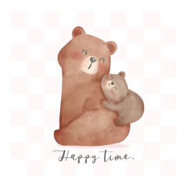 Yürek ısıtan Anneler Günü Anne ve Yavru Yavru birbirlerine sarılırlar Sevimli suluboya çizimleri.