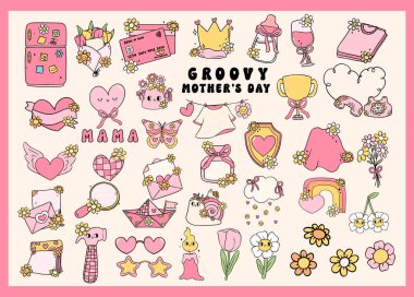 Retro Groovy Anneler Günü simge ögeleri Doodle Canlı Pasta Rengi Koleksiyonu Çizimi