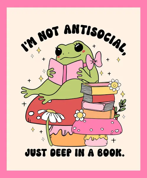 Groovy Frog Lesebuch Antisozialen Buch Club Retro Minimal Lebendige Pastell — Stockvektor