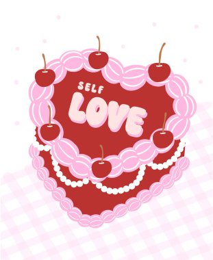 Coquette Retro Self Love Cake Illustration Groovy Coquette Design with cherry and bow. clipart