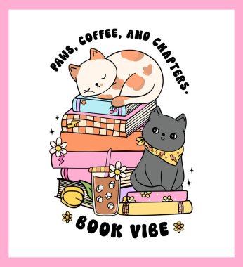 Retro Groovy kitap titreşimi ile kedi ve buzlu kahve komik çıkartma canlı ve cesur karikatür çizimi.