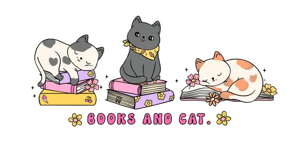 Samimi Kitap Vibe Retro Groovy kitaplar ve kedi afişi canlı ve cesur karikatür çizimi.