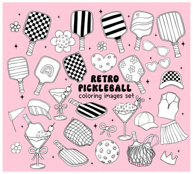 Retro Groovy Pickleball ana hatlı resimler Vektör Moda Koleksiyonu Çizim ögesi ayarlandı.