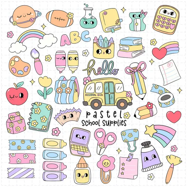 Stock vector Retro Pastel School Supplies Doodle collection Trendy Rainbow Colors with School Bus and Cartoon Character set.