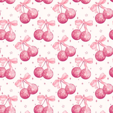 Retro Coquette Disko topu vişneli pembe kurdeleli yay Düz desenli Watercolor Tatil arka planı tekrarla