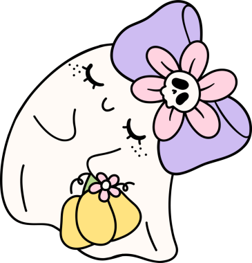 Şirin Pastel Cadılar Bayramı Çiçekli Muhteşem Retro Çizgi Film Karakteri Kız Coquette Çiçekli Doodle