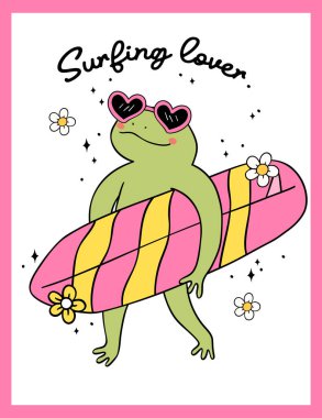 Muhteşem Retro Summer Frog sörf tahtası çizgi film karakteri Summer Vibe