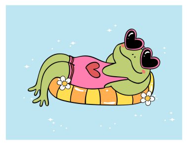 Retro Groovy Yaz Kurbağası plaj ringinde mayo giymiş çizgi film karakteri Summer Vibe doodle