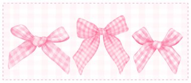 Coquette pink Gingham bow vintage feminine Aesthetic watercolor banner clipart