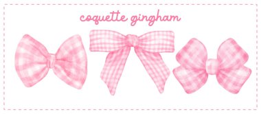 Coquette pink Gingham bow set vintage feminine Aesthetic watercolor banner clipart