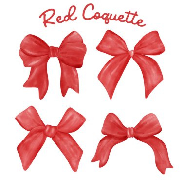 Kırmızı Coquette kurdele ve pruva set klasik suluboya vektör koleksiyonu