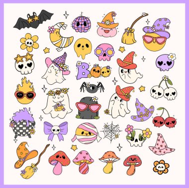 Groovy Retro Halloween Doodle Cartoon Element Clipart Set for Spooky Fun clipart