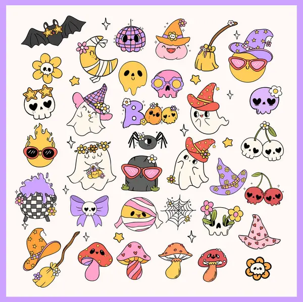 stock vector Groovy Retro Halloween Doodle Cartoon Element Clipart Set for Spooky Fun