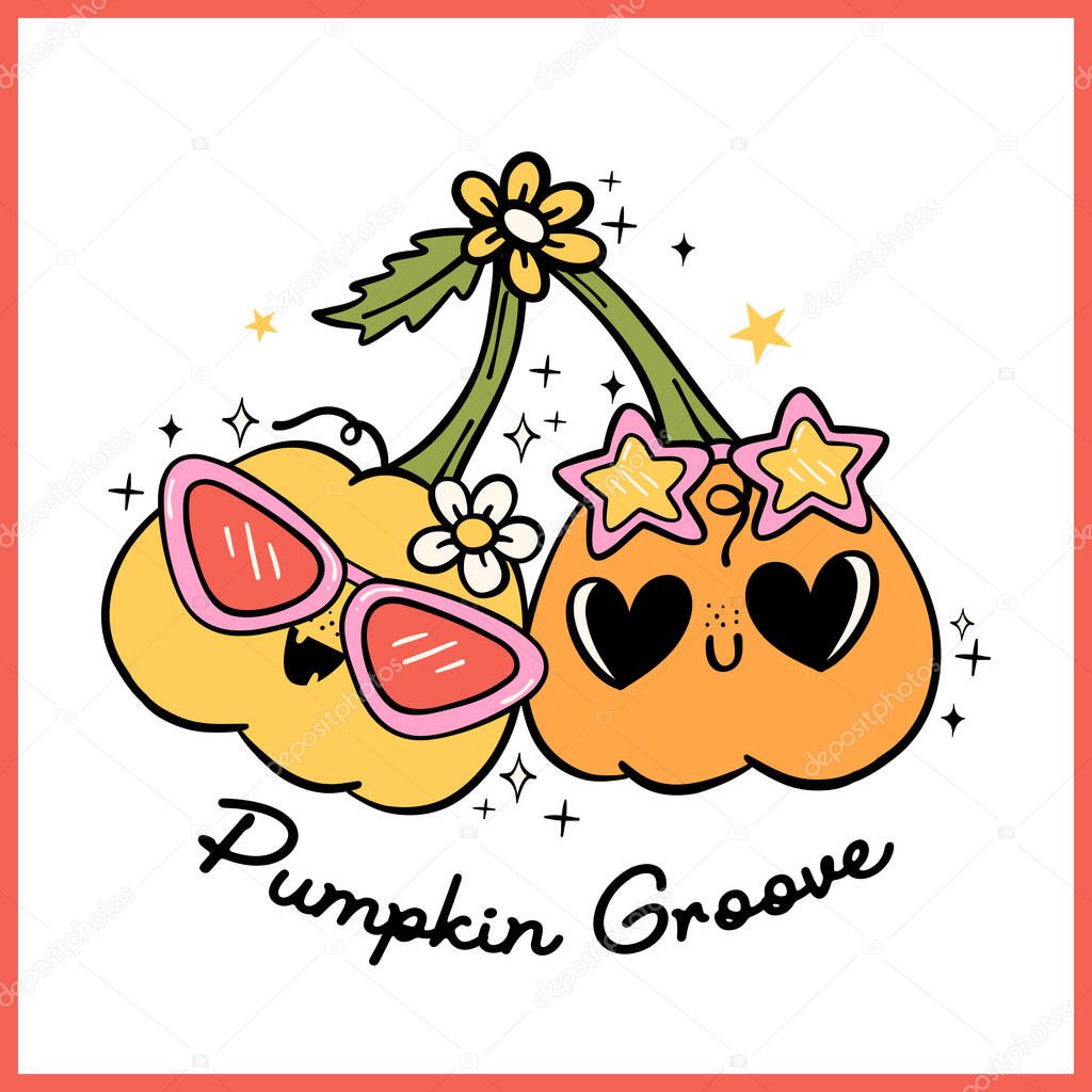 Groovy Retro Halloween pumpkin cherry Vibrant color Lined Doodle t shirt sublimation printable Idea