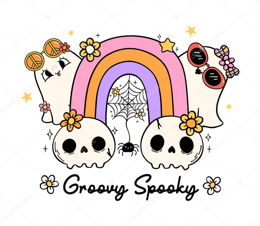 Groovy Retro Halloween Ghost with rainbow skull Lined Doodle Greeting Card Idea