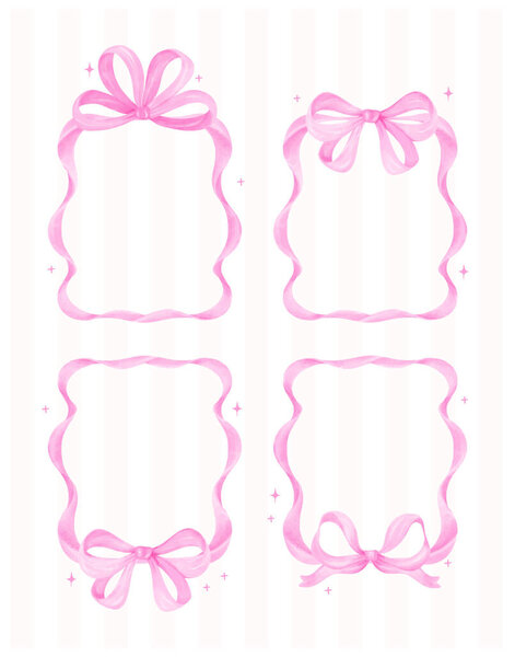 Coquette Pink Ribon bow Vertical Frame Watercolor set Preppy Retro Grandmillennial style collection