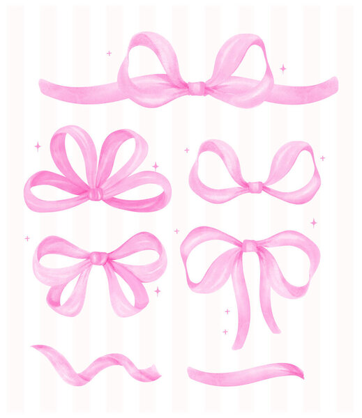 Coquette Pink Ribbon bow Watercolor element set Preppy Retro Grandmillennial style collection