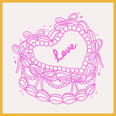 Vintage Heart Cake Coquette bow Doodle Retro Hand Drawn Outline Cake Vector isolated on background clipart