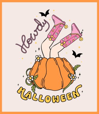 Cowboy Halloween retro groovy doodle with cowgirl boots legs in a pumpkin. clipart