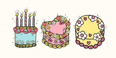 Modaya uygun Retro Pasta Vintage Kek Doodle Banner Vintage Pastel Cesur Çizgi Tasarım Koleksiyonu