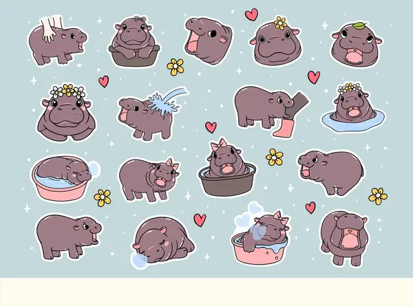 Huysuz Bebek Pigme Hippo Oynak zıplayan domuz Çizgi film El Çizilmiş Doodle Yapıştırması
