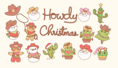 Retro Christmas Kovboy ögesi kırpma kümesi El çizilmiş çizgi film karakter koleksiyonu