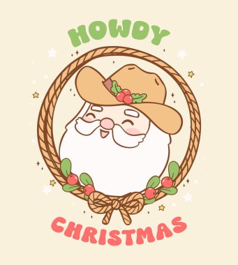 Cute Retro Christmas Cowboy happy Santa in lasso wreath hand drawn cartoon doodle greeting card and sublimation shirt idea clipart