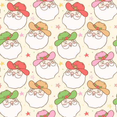 Seamless pattern Christmas Cowboy Santa Claus faces Festive Western wallpaper isolated on background clipart