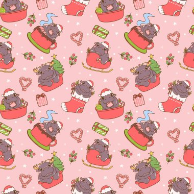 Festive Christmas Baby Pygmy Hippo seamless pattern isolated on pink background clipart