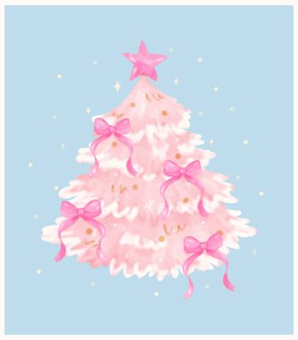 Pembe kurdeleli Coquette Noel ağacı Pastel suluboya el boyası