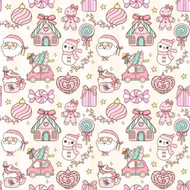 Cute Pastel Coquette Christmas seamless pattern Decorative Snow Globe doodle hand drawn isolated on background clipart