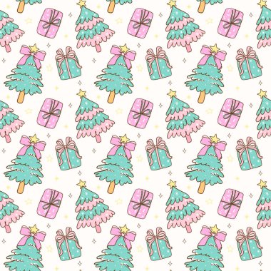 Şirin pembe ve nane yeşili Coquette Noel ağacı arkaplanda izole edilmiş, pürüzsüz desenli el çizimi.