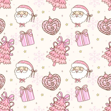 Cute Pink Coquette Christmas seamless pattern doodle hand drawn isolated on background clipart