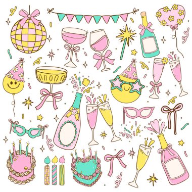 Tatlı Pastel Şampanyası ve Bardak Partisi Yeni Yıl ve Doğum Günü İçkileri Çizgi Film Çizim El Çizim Seti