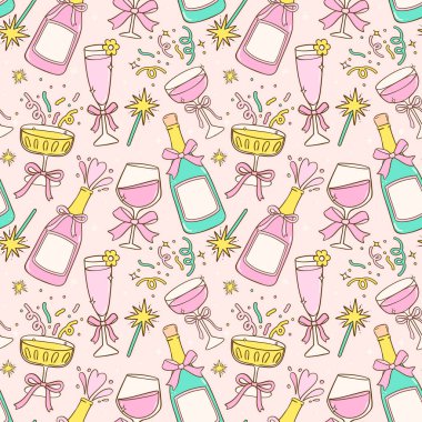 Şenlikli Pastel Partisi Şampanyası Kusursuz Şablon İçkisi Yeni Yıl Kutlaması ve Doğumgünü karikatürü