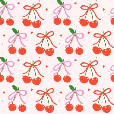 Retro Playful Coquette Kusursuz Desensiz Kırmızı Kirazlar ve arka planda en az izole edilmiş kurdele yayı