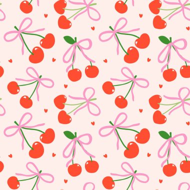 Retro Playful Coquette Kusursuz Desensiz Kırmızı Kirazlar Pembe fiyonk Minimum izole arka planda