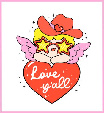 Cute Retro Groovy Cowboy Cupid Western Valentine Howdy Love yall Hand Drawn Bold Design clipart