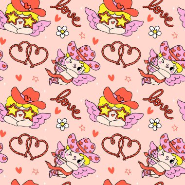Sevimli Retro Harika Kovboy Cupid Batı Sevgililer Günü Sevgiler Yel çizimi Cesur Tasarım